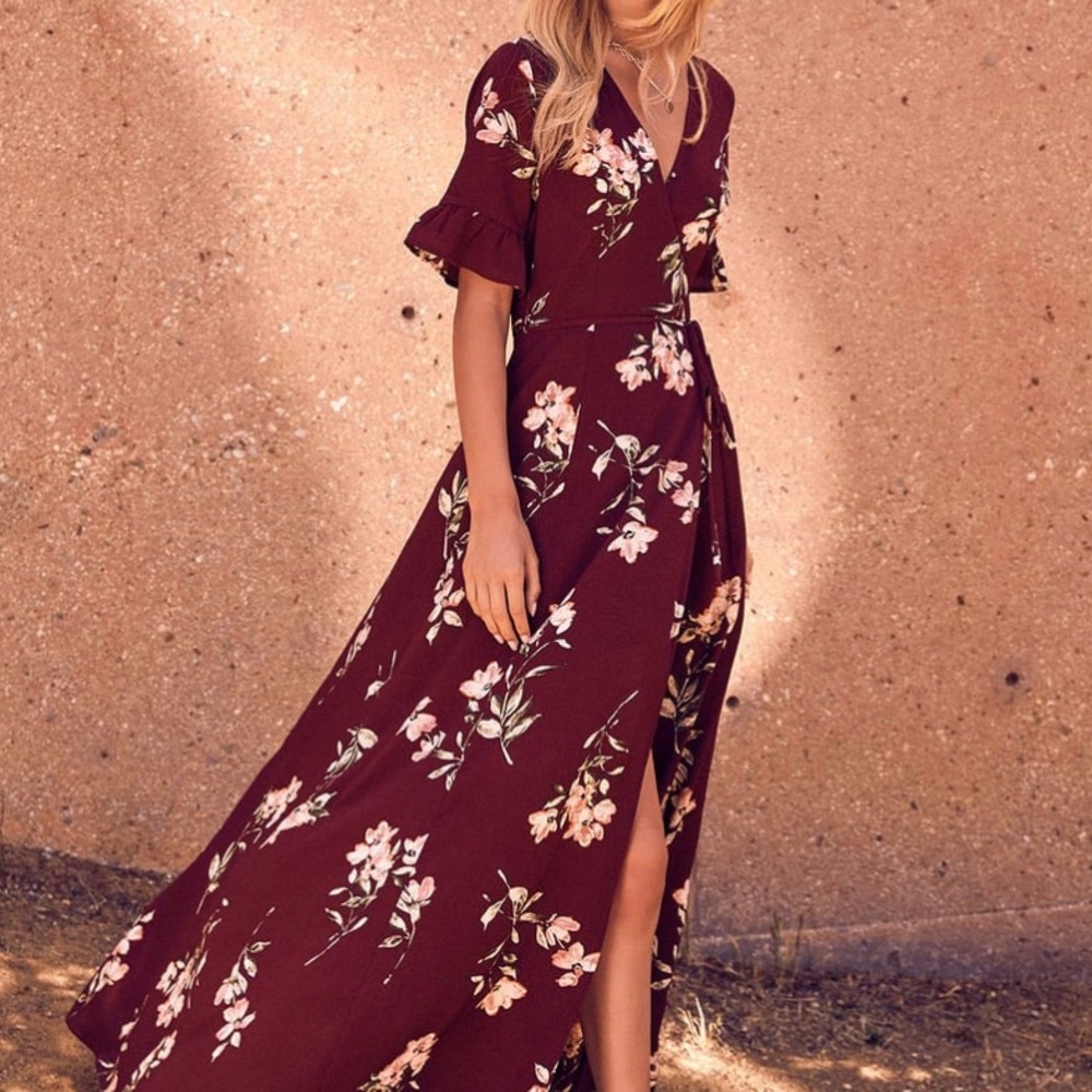 Lulus Burgundy Floral Print Wrap Maxi Dress